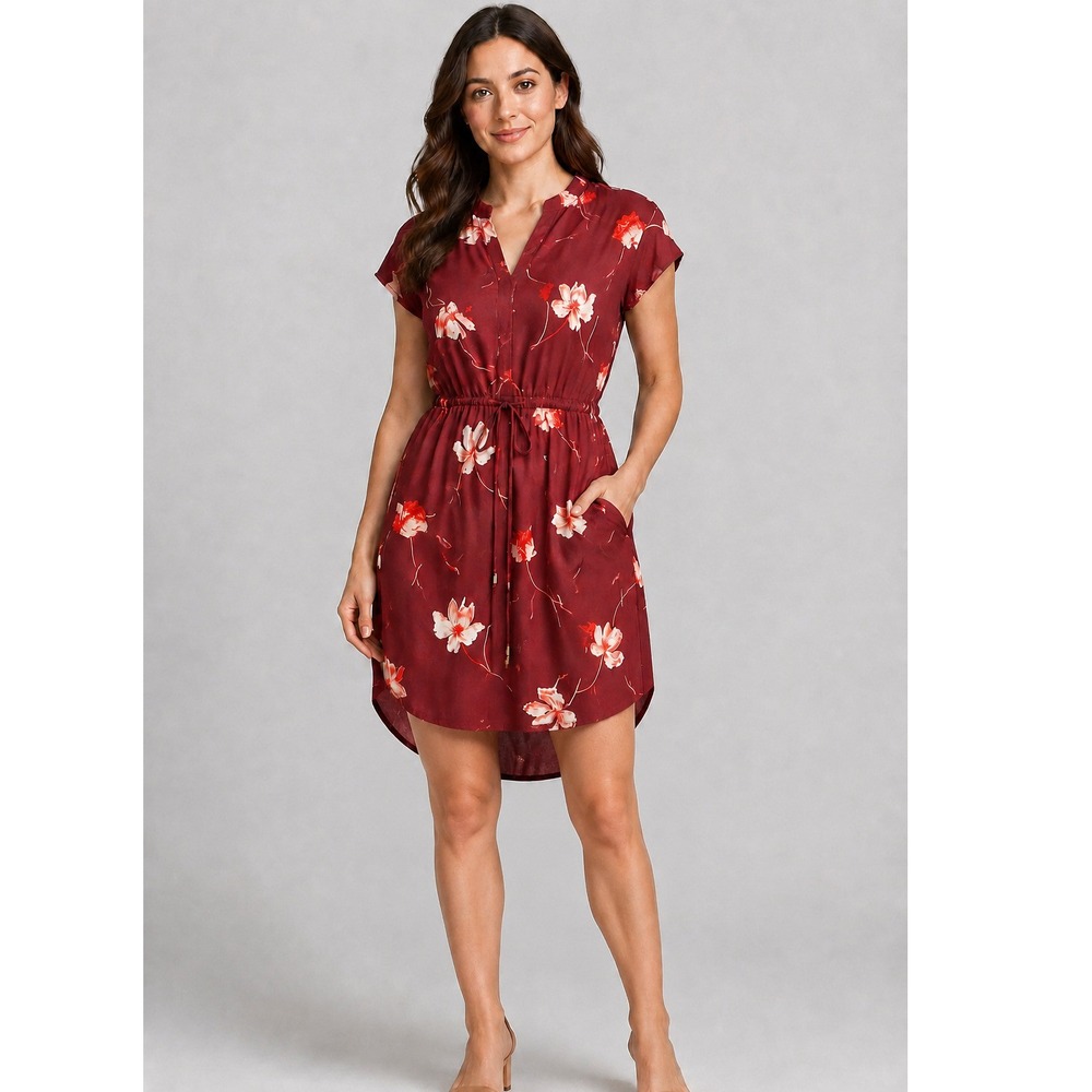 Lauren Ralph Lauren Burgundy Floral Satin V-Neck Cap Sleeve Midi Dress 14